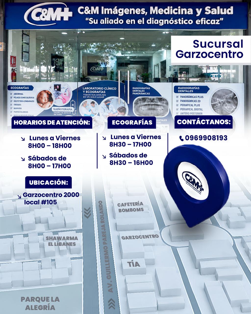 Croquis y horarios de la sucursal Garzocentro