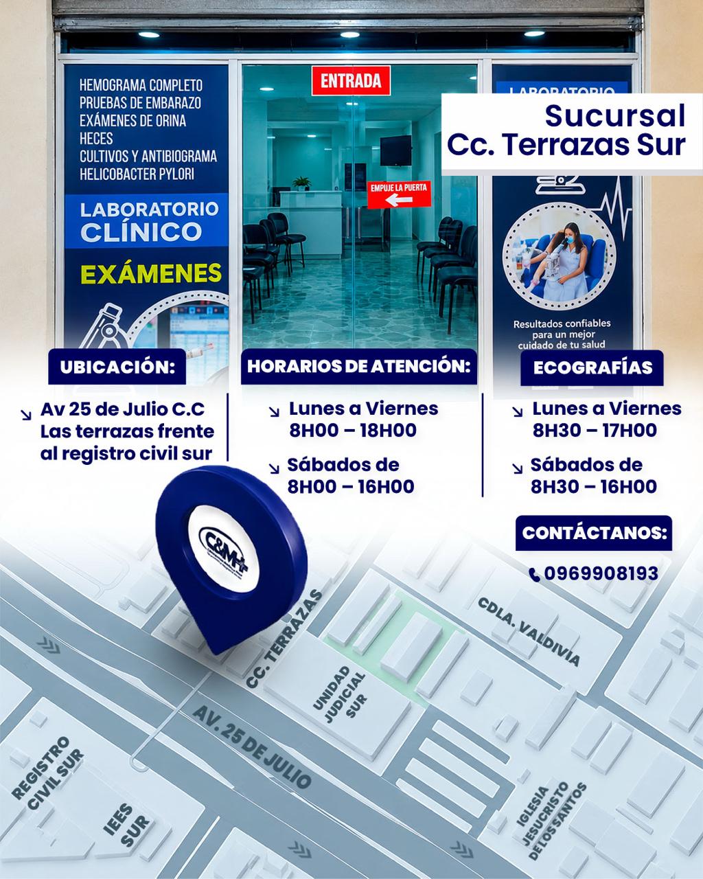 Croquis y horarios de la sucursal Terrazas Sur